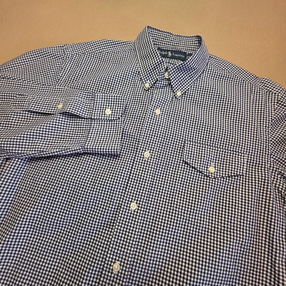 Polo Ralph Lauren Blue & White Gingham Button-Down Shirt Classic Fit Sz Large